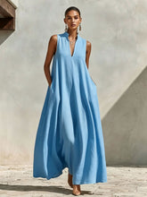 Load image into Gallery viewer, Linen Blend Sleeveless Stand-Collar Maxi Dress – 5 Colors S–3XL