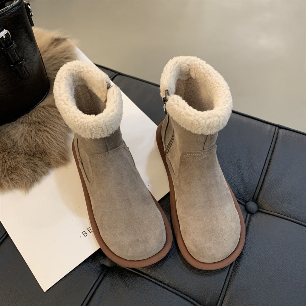Women's Retro Furry Ankle Boots - Comfortable Side Zipper Low Shaft Boots