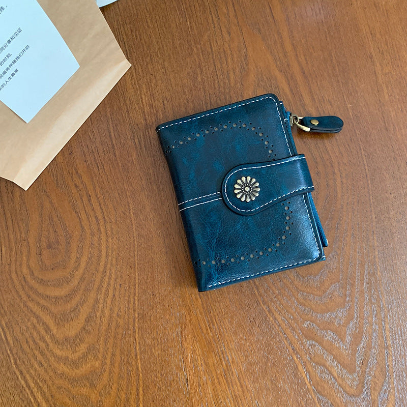 Women's Vintage Oil Leather Wallet - Floral Embossed Short Bifold with RFID Protection