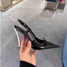 Load image into Gallery viewer, Women's Pointed-Toe Stiletto Heels | Rivet-Back Lace-Up High Heels | Black &amp; White