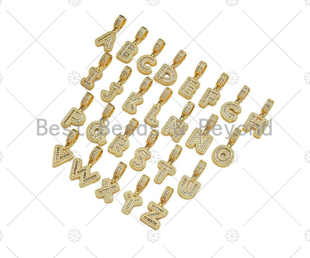 18K Gold Baguette CZ Initial Letter Pendant, A -Z Alphabet Letter, Large Hole Personalized name Charm for Jewelry Making, 16x33mm,sku#LD76