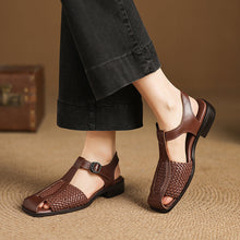 Load image into Gallery viewer, Women's Woven T-Strap Block Heel Sandals | Oiled Cowhide Square-Toe