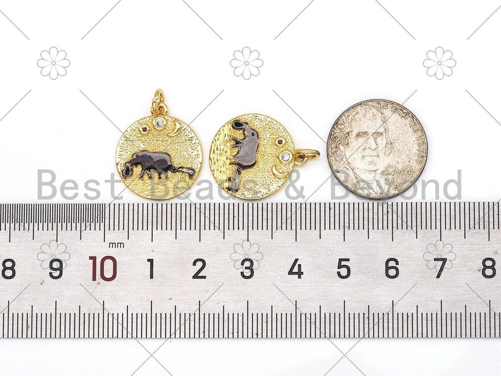 Black Enamel Elephant Mom And Baby On Round Coin Shape Pendant,18K Gold Filled Moon Star CZ Charm,Necklace Bracelet Pendant,18x21mm,Sku#L614C