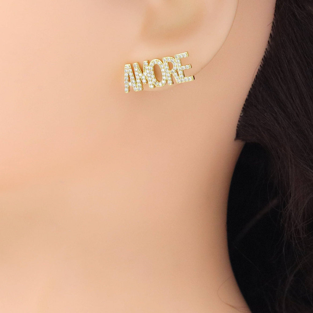 Clear CZ Amore Word Gold Silver Stud Earrings, Sku#A354