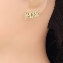 Load image into Gallery viewer, Clear CZ Amore Word Gold Silver Stud Earrings, Sku#A354