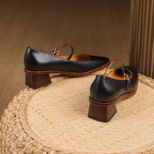 Load image into Gallery viewer, Retro Square Toe Chunky Heel Leather Pumps - Genuine Cowhide Leather Women's Shoes