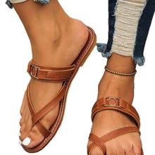 Load image into Gallery viewer, Women's Brown Flat Sandals | Round Toe Slip-On Casual Shoes | PU Leather Non-Slip