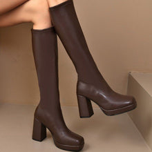 Load image into Gallery viewer, Women's Chunky Heel Stretch Boots – Thick Sole, High Shaft | Brown &amp; Black
