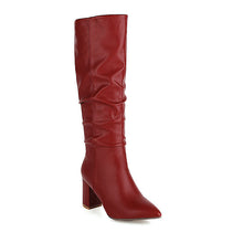 Load image into Gallery viewer, Women's Fleece-Lined Chunky Heel Mid-Calf Boots | Pointed Toe Slip-On Winter Boots