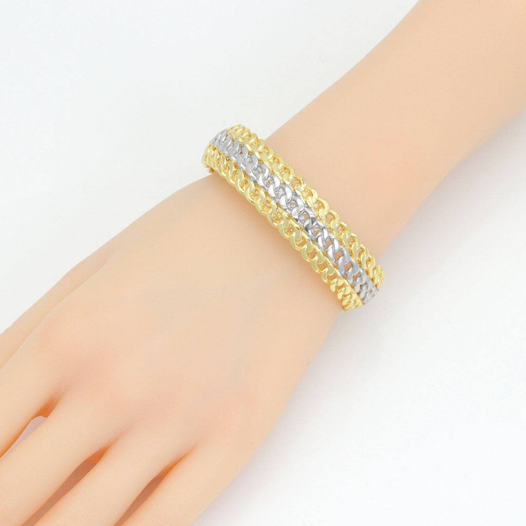 Gold Silver Dual Color Cuban Chain Cuff Adjustable Bracelet, Sku#LK1130