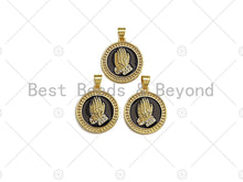 Load image into Gallery viewer, CZ Micro Pave Enamel Prayer Hand Pendant, 3D Embossment Hands Charm, Coin Jewelry, 19mm,sku#LK03