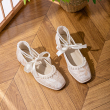 Load image into Gallery viewer, Women's Jacquard Mary Jane Low Heel Shoes | Pearl Ribbon Bow Square Toe Wedding Flats