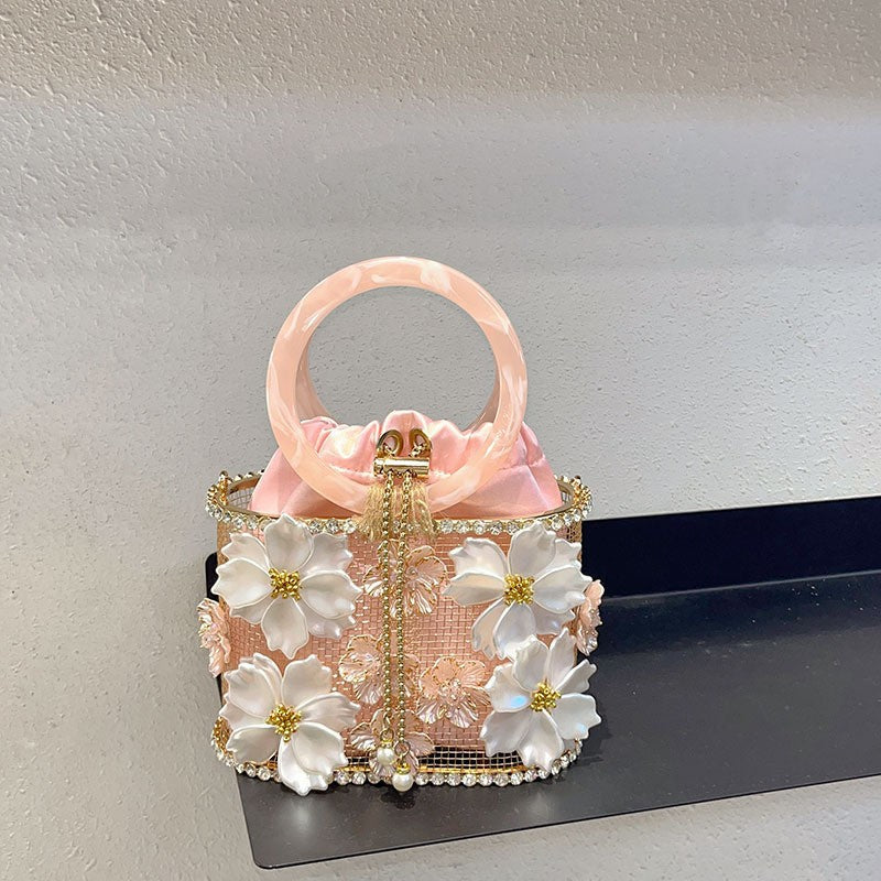 Retro Sunflower Birdcage Handmade Bucket Bag - Diamond Embellished PVC Shoulder Bag