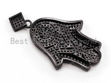 Load image into Gallery viewer, Black CZ Pave On Black Micro Pave Hamsa Hand with Flat Square Bail Pendant, 26x39mm, sku#F378