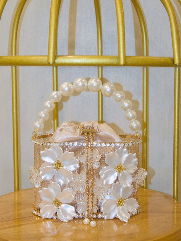 Retro Sunflower Birdcage Handmade Bucket Bag - Diamond Embellished PVC Shoulder Bag
