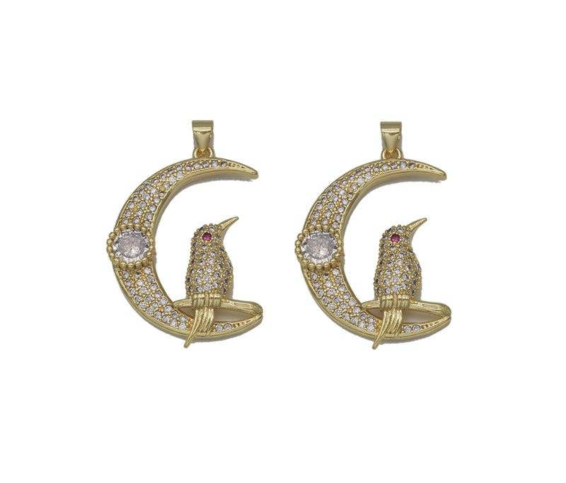 Gold CZ Bird On Cresent Moon Charm, Sku#JL127