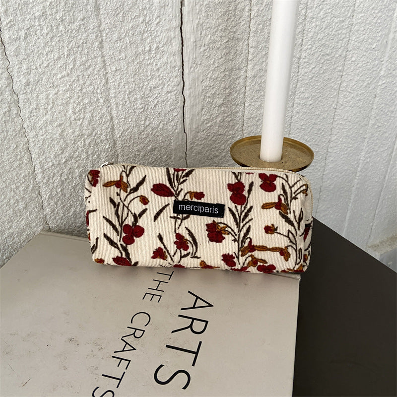 Corduroy Pencil Case Makeup Bag - Korean Style Retro Floral Canvas Pouch for Students