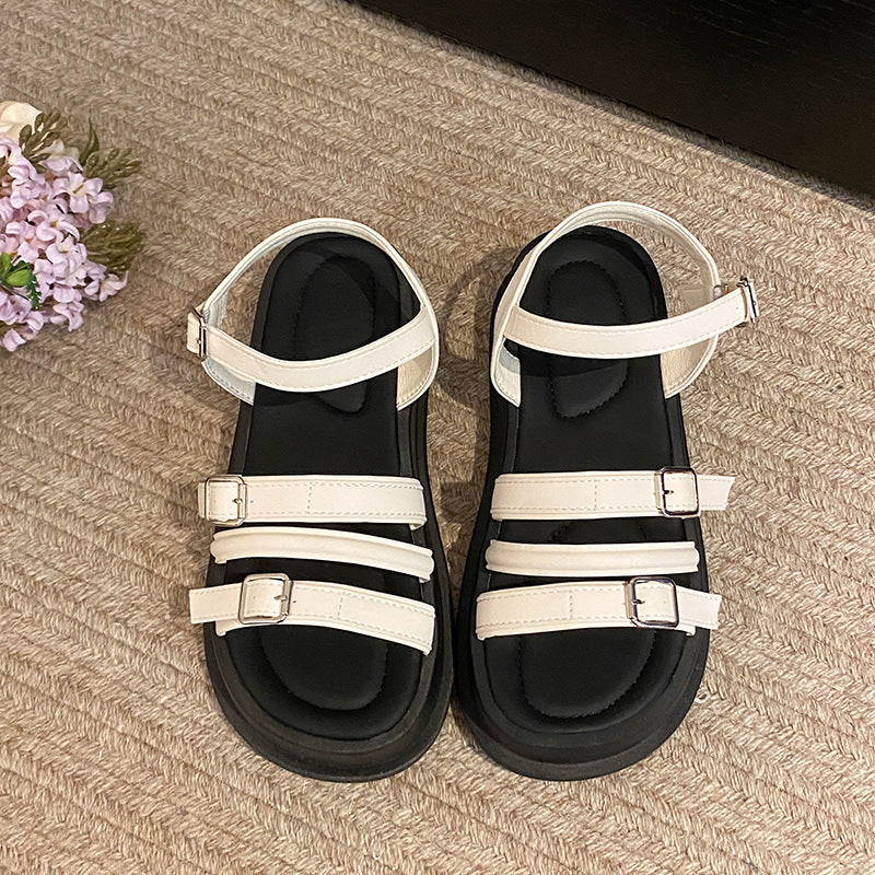 Women's Roman Style Flat Sandals | Buckle Beach Shoes | Black & Off-White