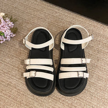 Load image into Gallery viewer, Women's Roman Style Flat Sandals | Buckle Beach Shoes | Black &amp; Off-White