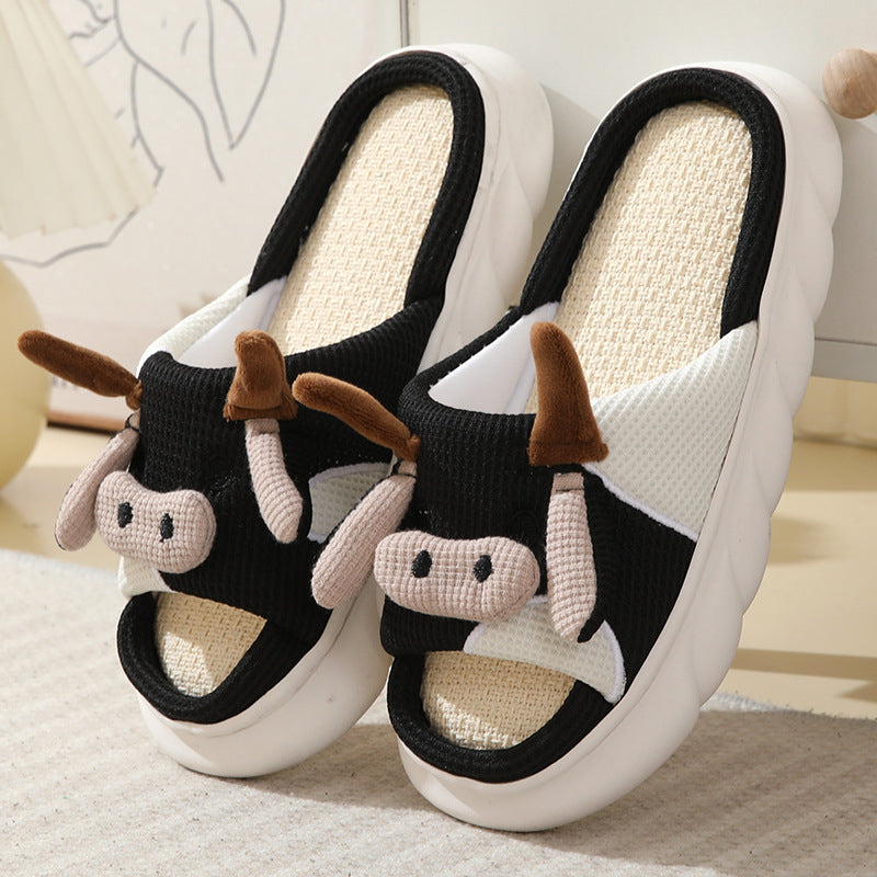 Cartoon Cow Frog Slippers | Linen Non-Slip Breathable Indoor Garden Shoes