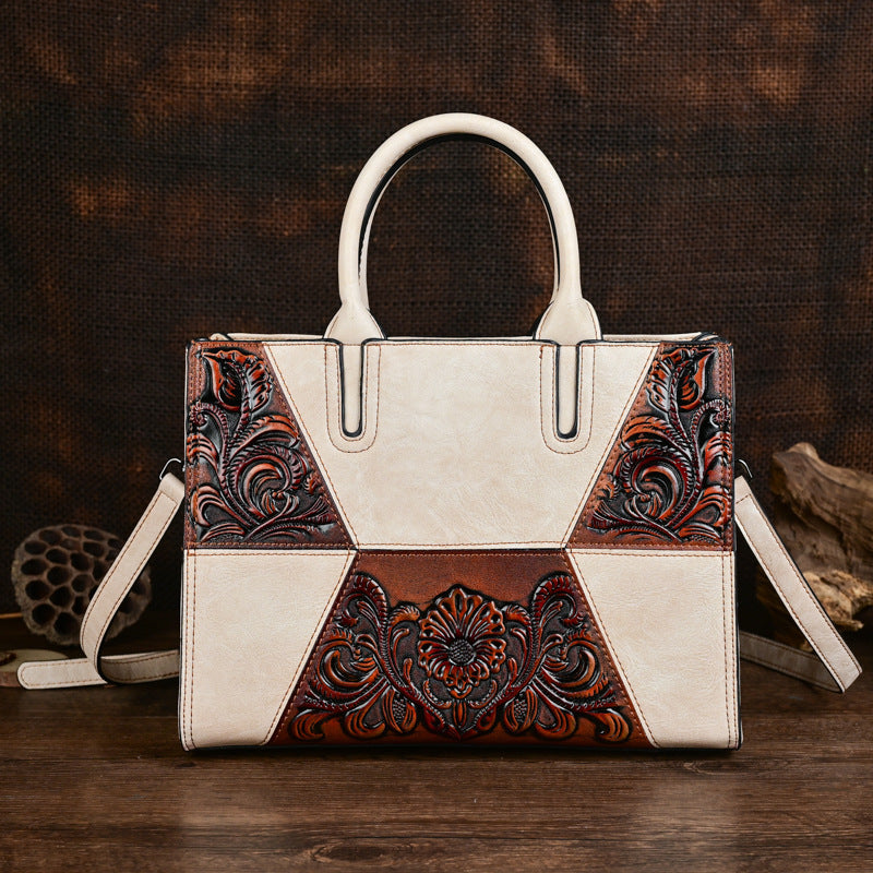 Embossed Patchwork Women's Bag – Large Capacity PU Leather Floral Handbag