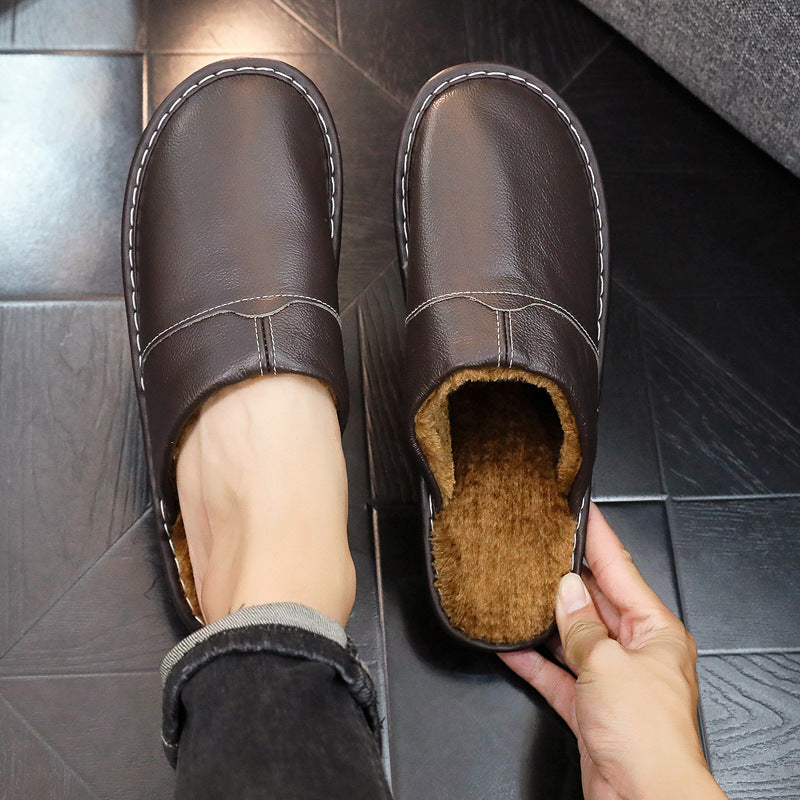 Women's Men's Winter Indoor Leather Slippers | Non-Slip Closed-Toe House Shoes | Cowhide Upper | Couples Slippers
