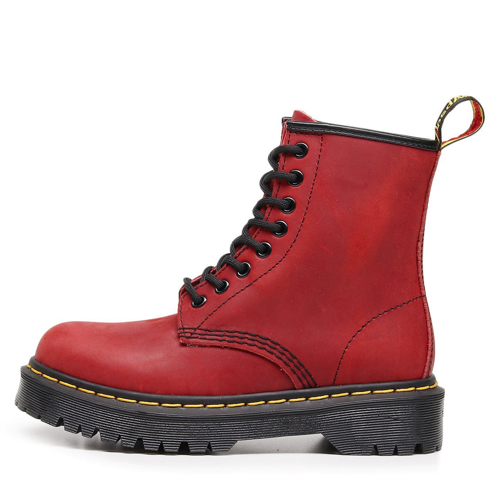 Women's British-Style Full-Grain Leather Biker Boots – Square Heel, Round Toe, Lace-Up