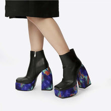 Load image into Gallery viewer, Women's High-Heel Leather Fashion Boots - Square Toe Chunky Heel Side Zipper