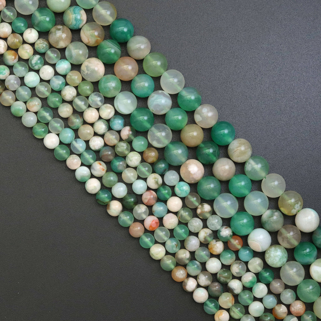 Green Cherry Blossom Agate Round Smooth Beads, Sku#U1945