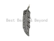Load image into Gallery viewer, CZ Micro Pave Feather Pendant, Antique Silver Tone, Clear Cubic Zirconia Big Pave Feather Charm Pendant, 14x58mm,sku#F1011
