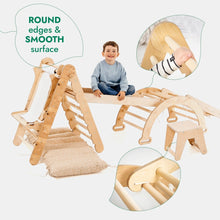 Load image into Gallery viewer, 6in1 Montessori Climbing Set: Triangle Ladder + Arch/Rocker + Slide/Ramp + Net + Cushion + Art Addition