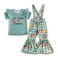 Load image into Gallery viewer, Life is better with chickens shirt overalls cute girls clothing set