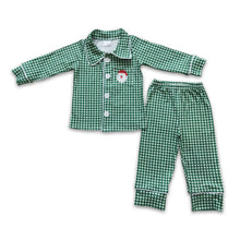 Load image into Gallery viewer, Green gingham santa pocket boy Christmas pajamas