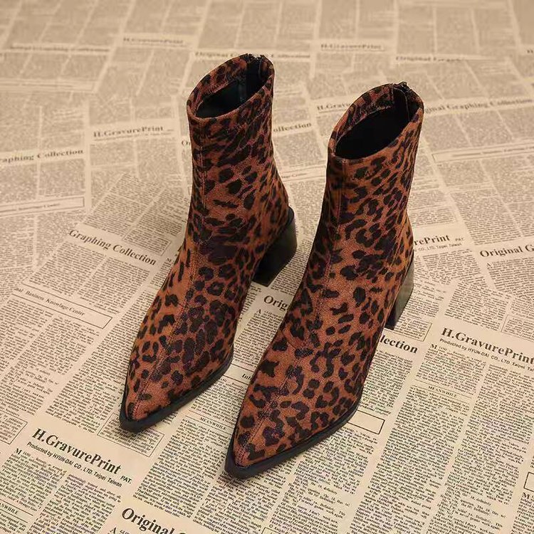 Women's Pointed-Toe Chunky Heel Boots | Back Zipper | Leopard Print, Black, Yellow, Brown