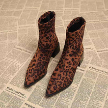Load image into Gallery viewer, Women's Pointed-Toe Chunky Heel Boots | Back Zipper | Leopard Print, Black, Yellow, Brown
