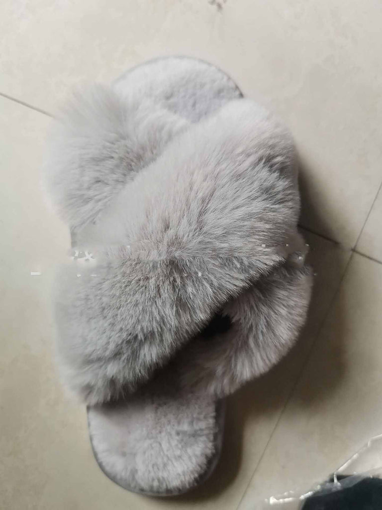 Women's Fluffy Faux Fur Cross Slides | Cozy Indoor Suede Slippers