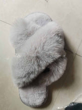 Load image into Gallery viewer, Women's Fluffy Faux Fur Cross Slides | Cozy Indoor Suede Slippers