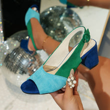 Load image into Gallery viewer, Women's Colorful Block Heel Sandals | Round Toe Suede Heels with Buckle Closure