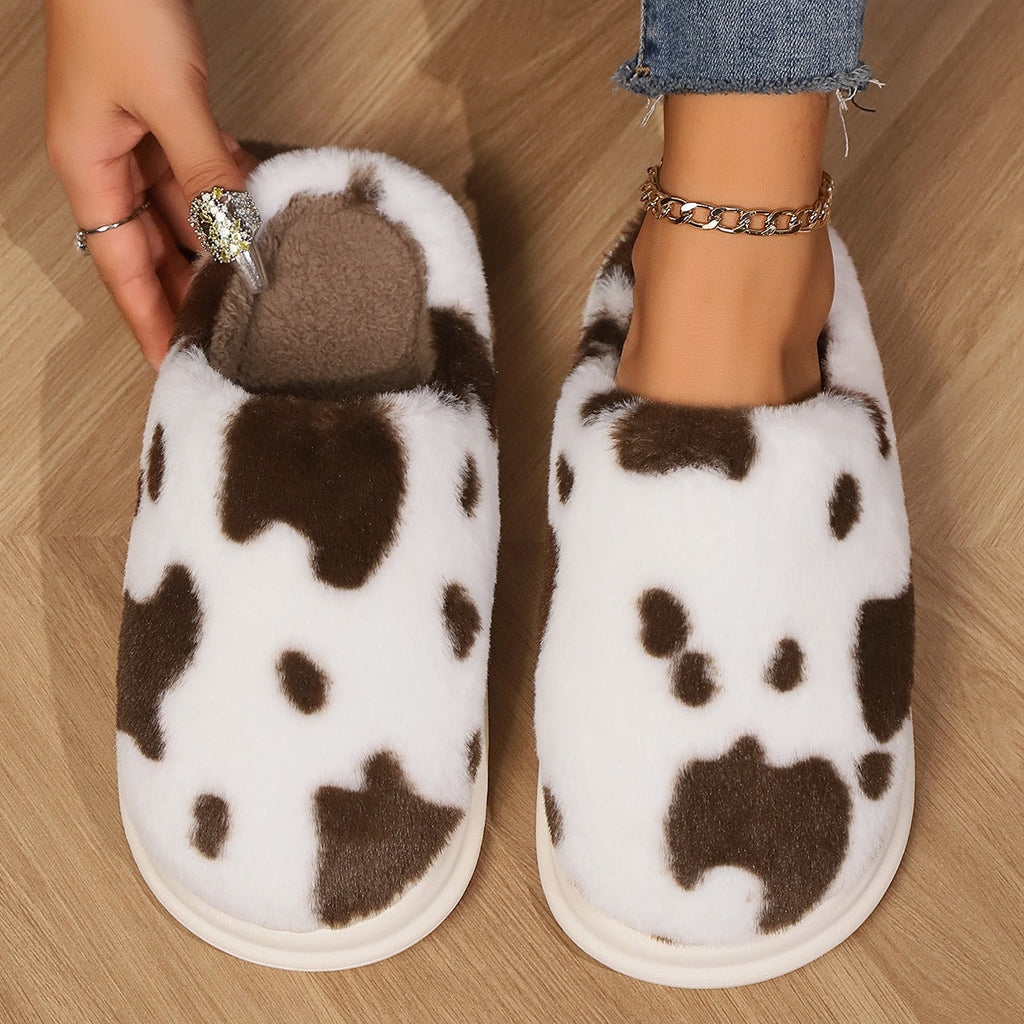 Cow Print Plush Slippers – Unisex Winter Slippers