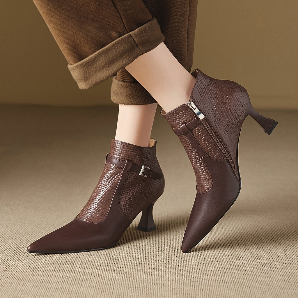 Women's Pointed Toe Chunky Heel Ankle Boots | Slip-On Leather Patchwork | Black & Brown