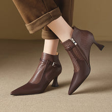 Load image into Gallery viewer, Women's Pointed Toe Chunky Heel Ankle Boots | Slip-On Leather Patchwork | Black &amp; Brown