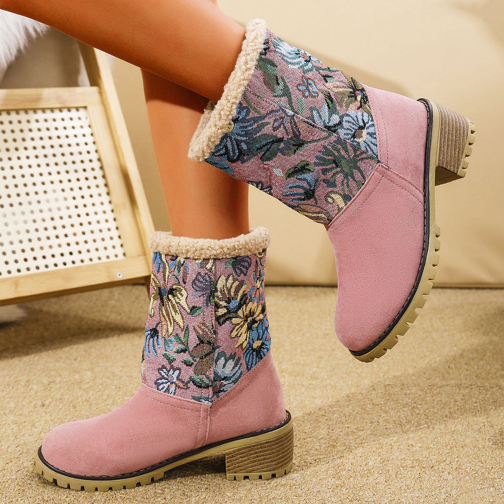 Women's Embroidered Snow Boots | Ethnic Floral Platform Square Heel Mid-Calf Winter Boots