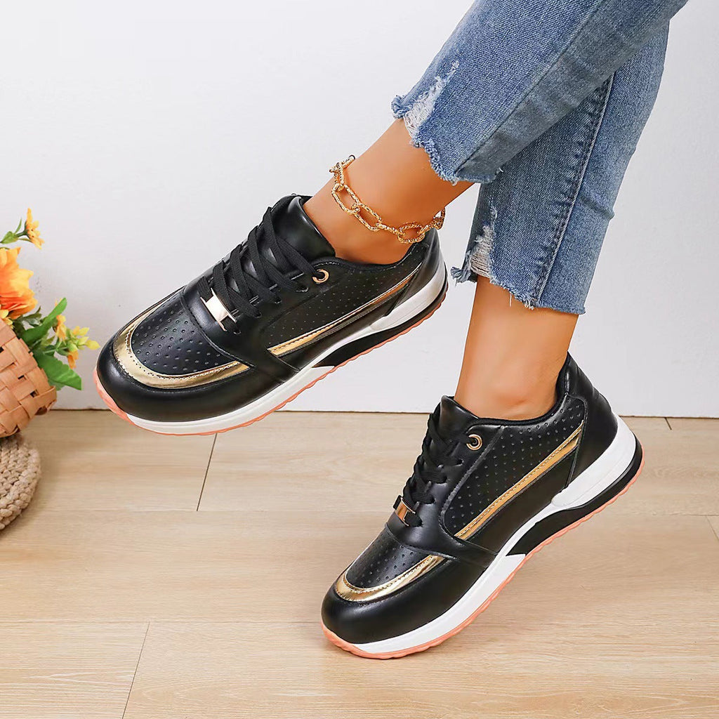 Women's Color-block Lace-up Mid-cut Shoes | Synthetic Leather Upper | Mid Heel | Casual Style