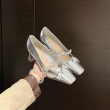 Load image into Gallery viewer, Women's Rhinestone Mary Jane Heels - French Style Pointed Toe Chunky Heel Shoes