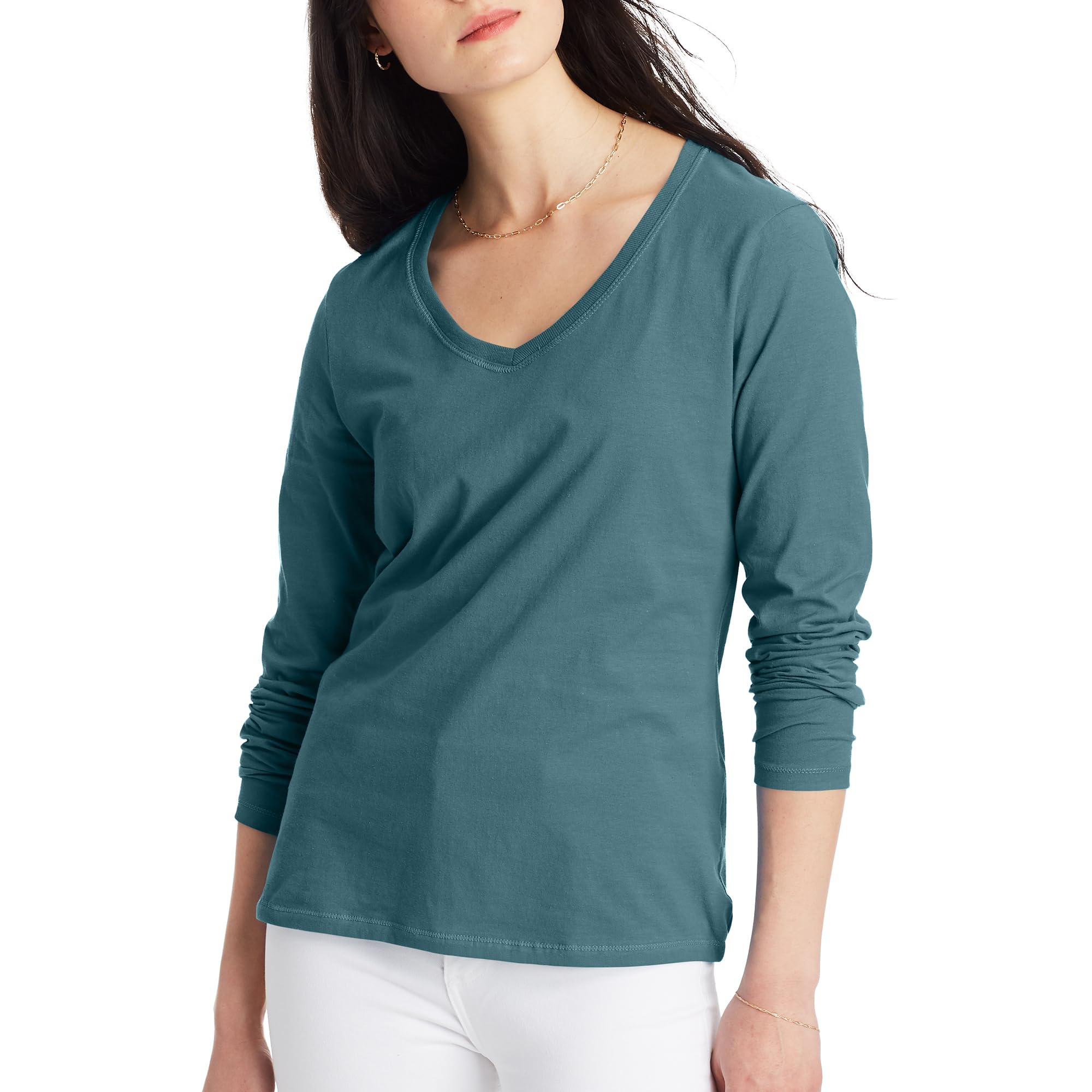 Hanes Women's Long Sleeve Cotton V-Neck T-Shirt, Lightweight V-Neck Tee, Modern Fit