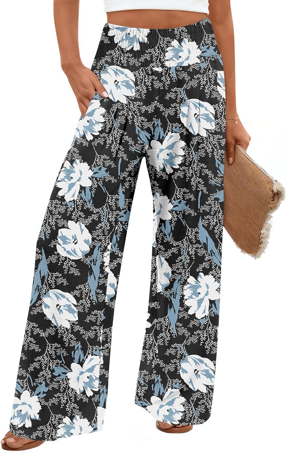 Findsweet Womens Wide Leg Pants Palazzo Casual Flowy Elastic Waist Pant Dressy Long Lounge with Pockets