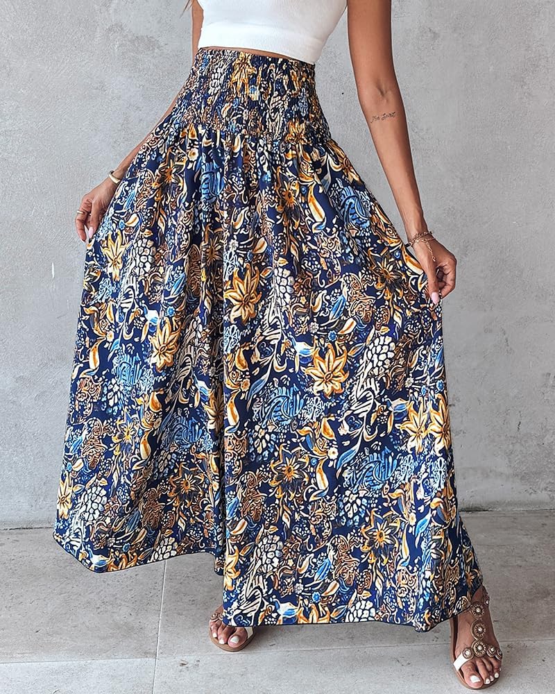 CHICME Womens Boho High Waisted Wide Leg Palazzo Pants Beach Vacation Wear