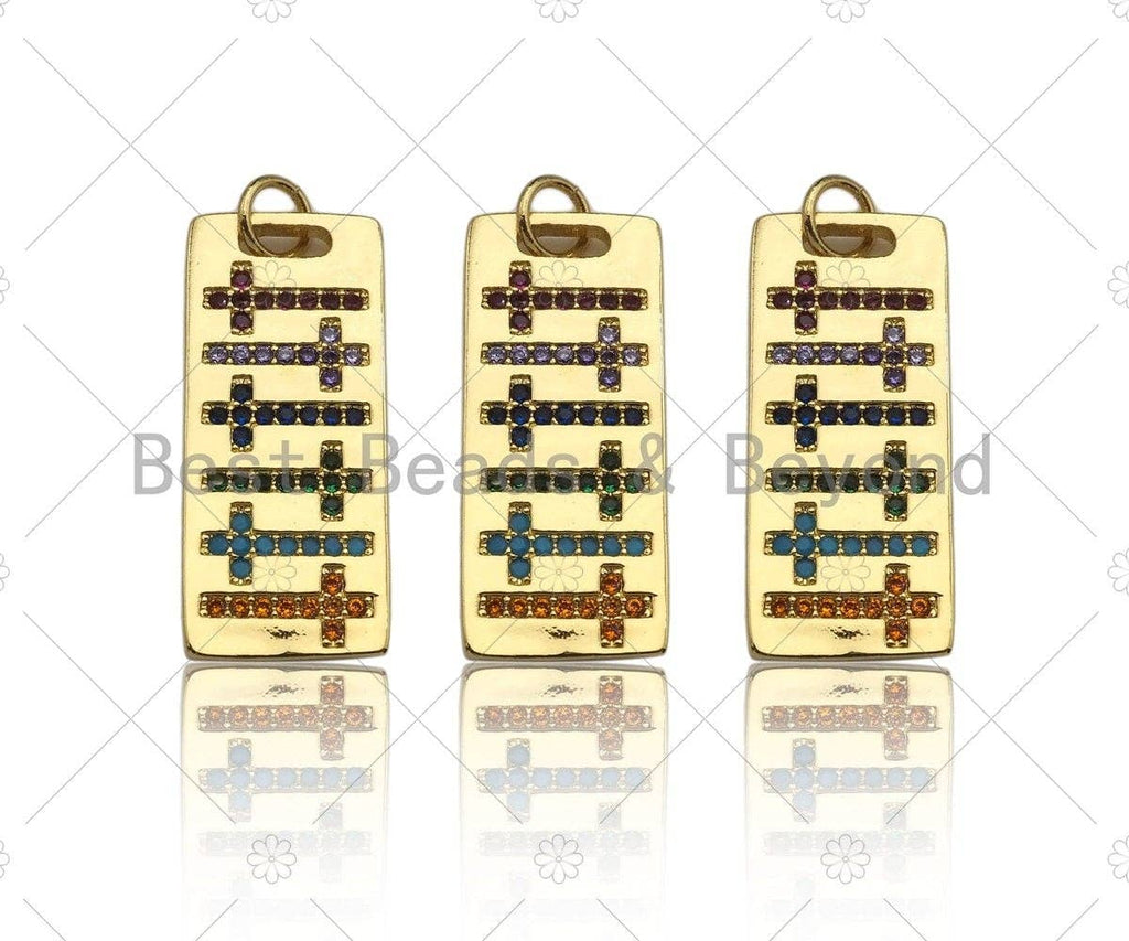 Colorful CZ Micro Pave Cross On Rectangle Shape Pendant, Cubic Zirconia Rectangle Pendant, Gold Tone Pendant, 10x24mm, sku#LK179