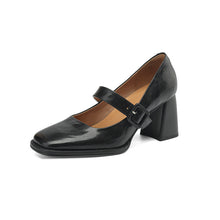 Load image into Gallery viewer, Women's Sheepskin Mary Jane Heels – Chunky Heel Buckle Strap Square Toe Shoes