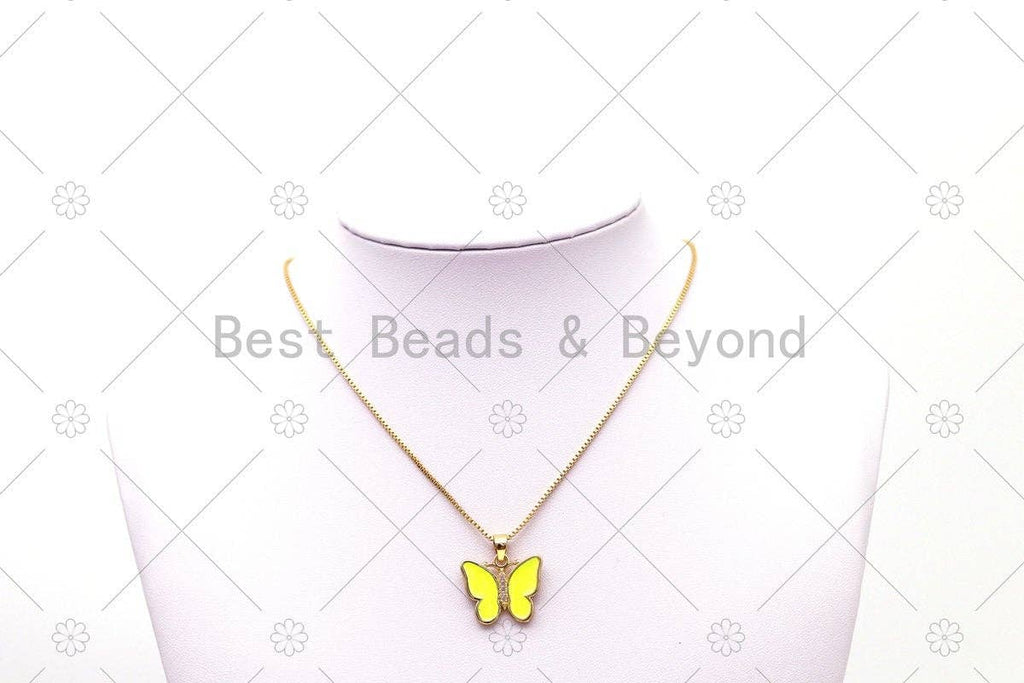 CZ Micro Pave Enamel Colorful Butterfly with Rose flower on Back Side Shape Pendant, 18K Gold FilledButterfly Charm,Sku#FH182
